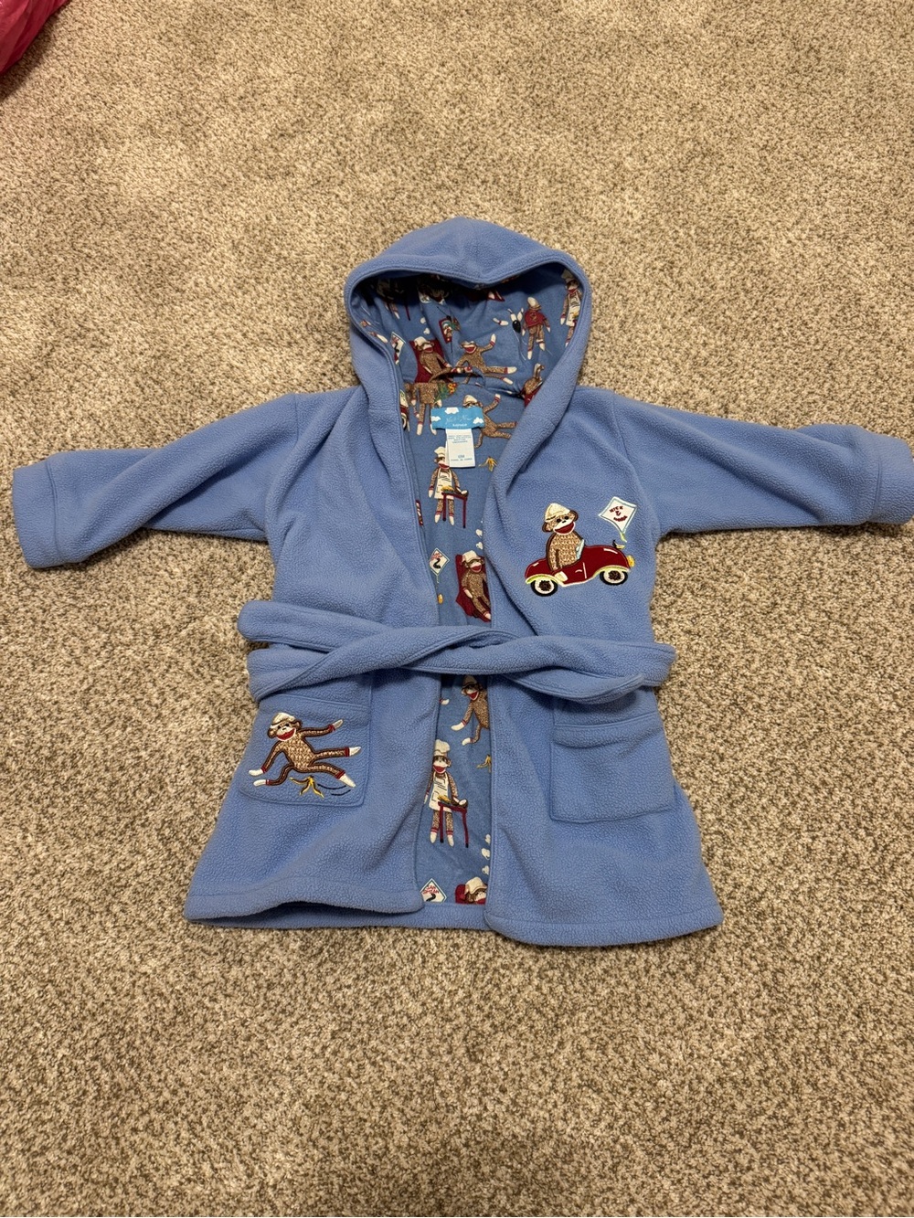 Nick & Nora Light Blue Hooded Kids Fleece Robe with Monkey